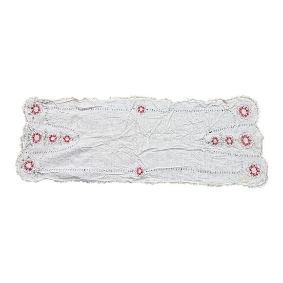 Vintage Embroidered Floral Table Runner Linen Cottage Granny Core Lace Trim READ - Picture 5 of 6